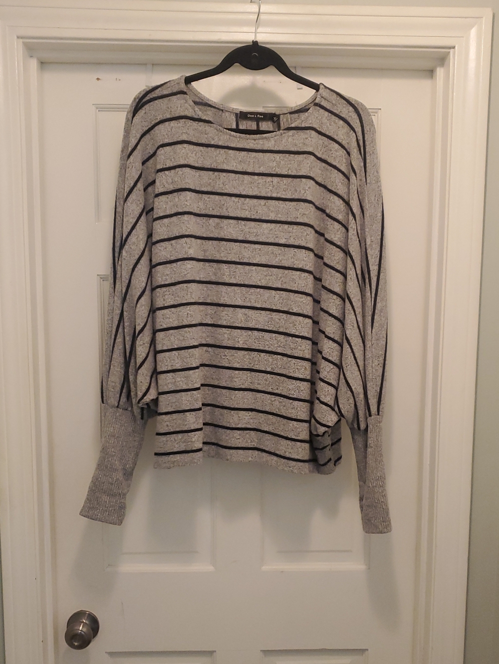 Doe & Rae Gray and Black Striped Crewneck Sweater